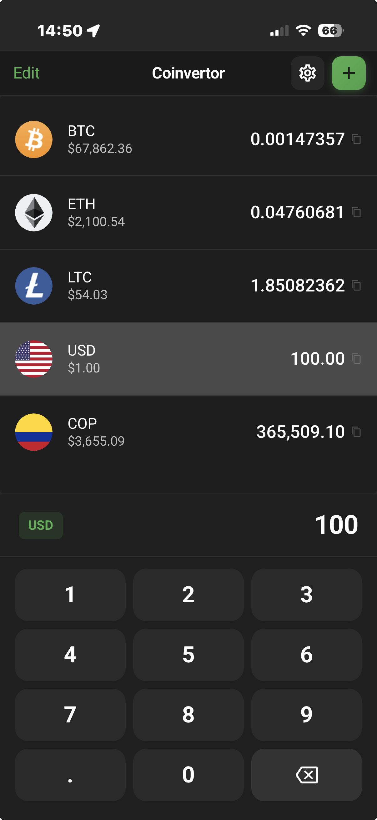 Coinvertor app showing real-time currency conversions for BTC, ETH, LTC, USD, and COP with a built-in keypad