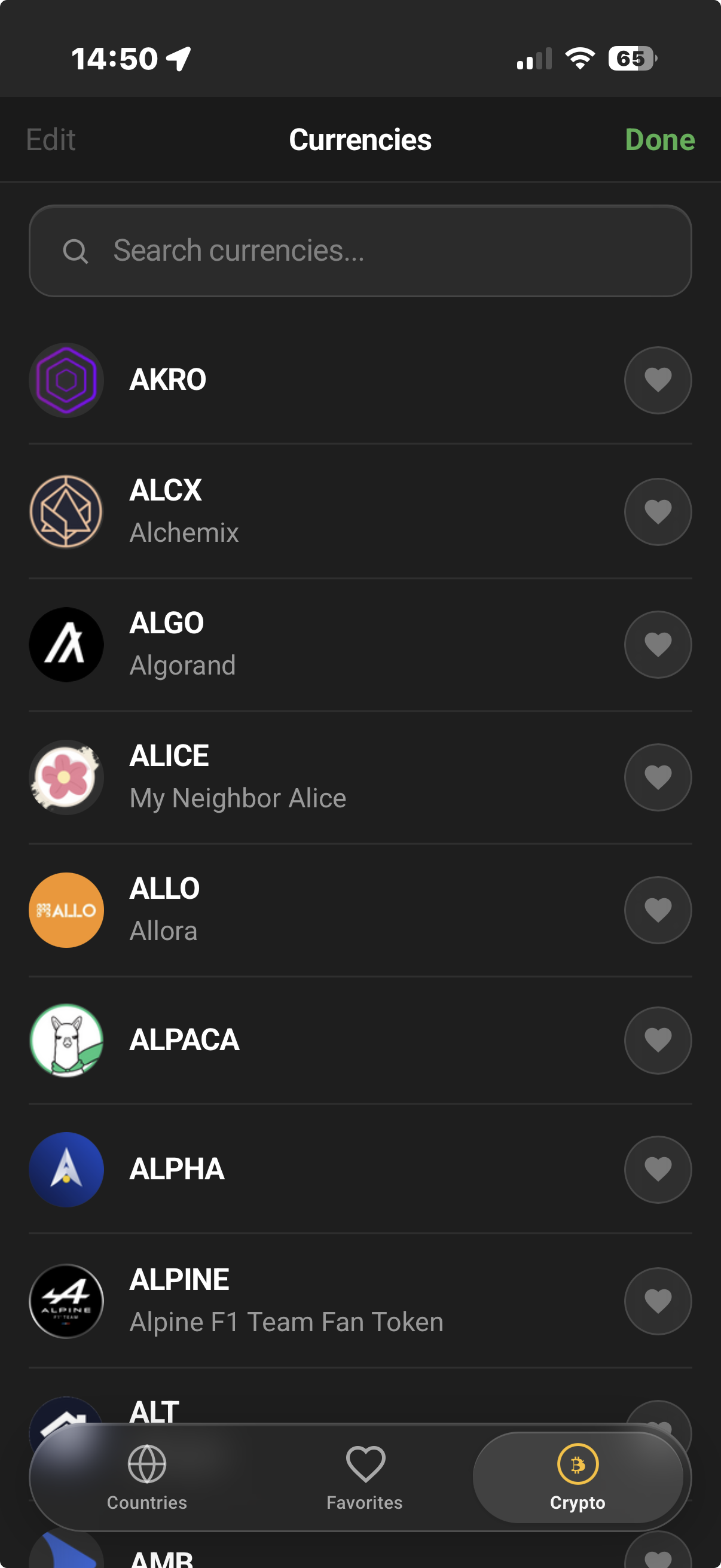 Coinvertor crypto browser showing hundreds of available cryptocurrencies including AKRO, ALCX, ALGO, ALICE, and more