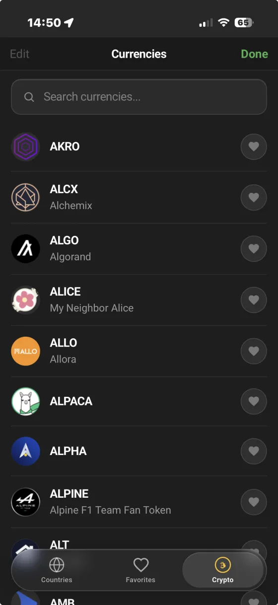 Coinvertor crypto browser showing hundreds of available cryptocurrencies including AKRO, ALCX, ALGO, ALICE, and more