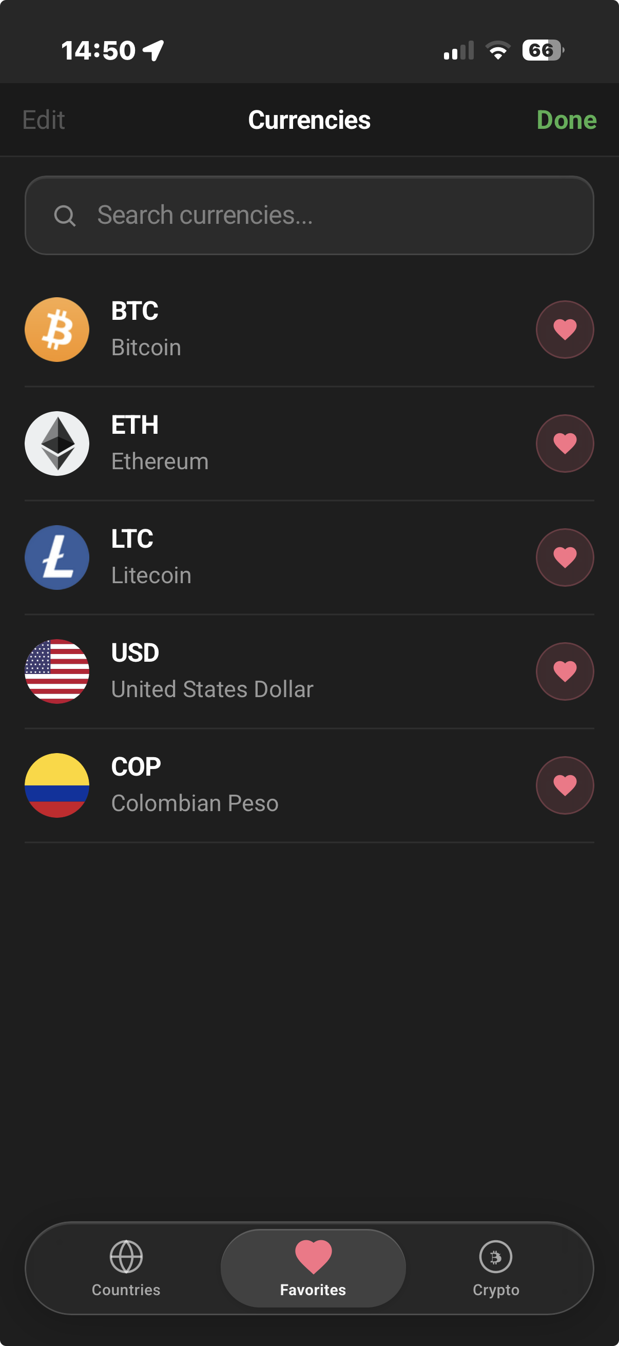 Coinvertor favorites screen showing saved currencies BTC, ETH, LTC, USD, and COP with heart icons