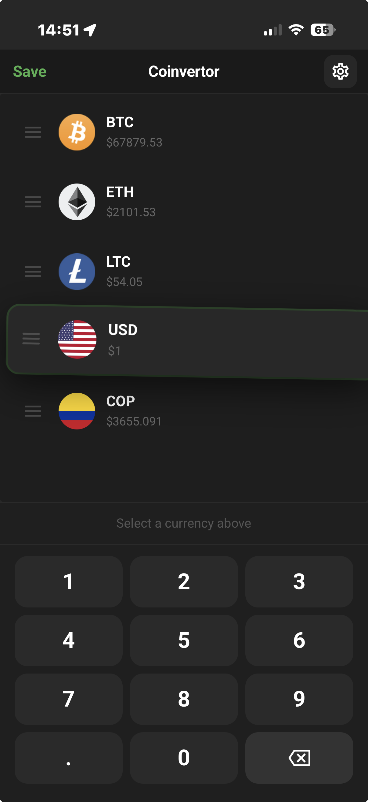Coinvertor drag and reorder mode showing currencies being rearranged with drag handles