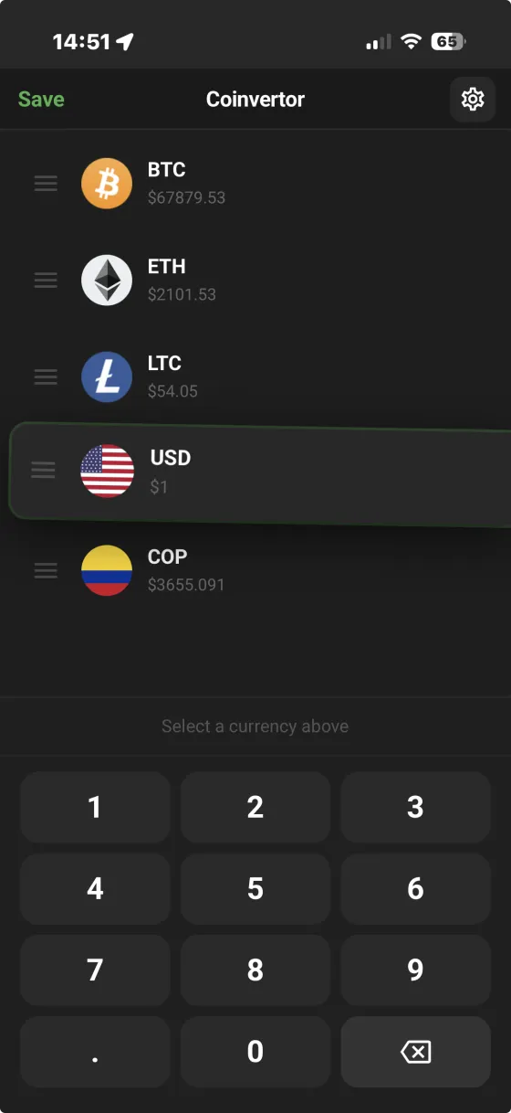 Coinvertor drag and reorder mode showing currencies being rearranged with drag handles